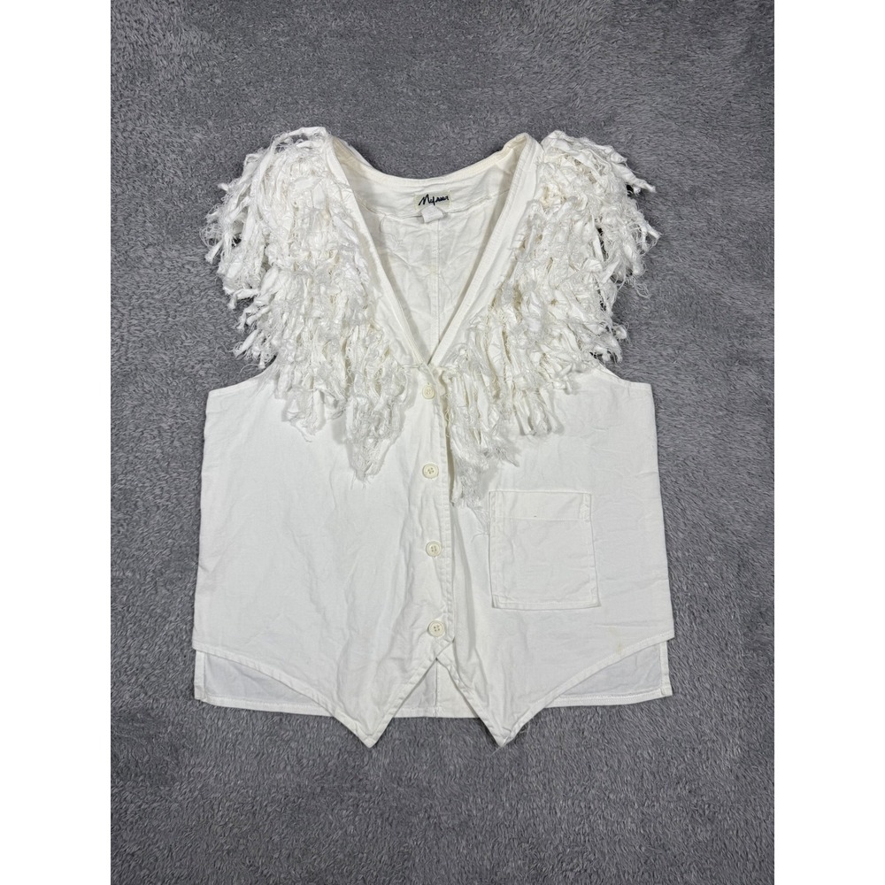 Mypama Fringe Denim Vest Womens Small White rodeo  Boho Western Festival